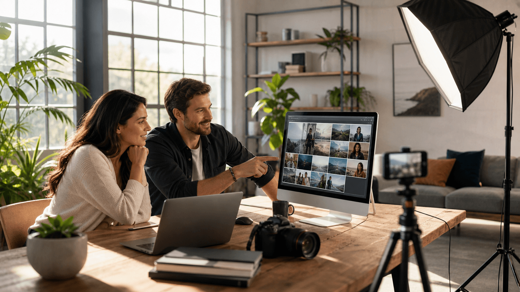 Founder at a desk reviews video clips on multiple screens beside a camera in a bright modern studio.