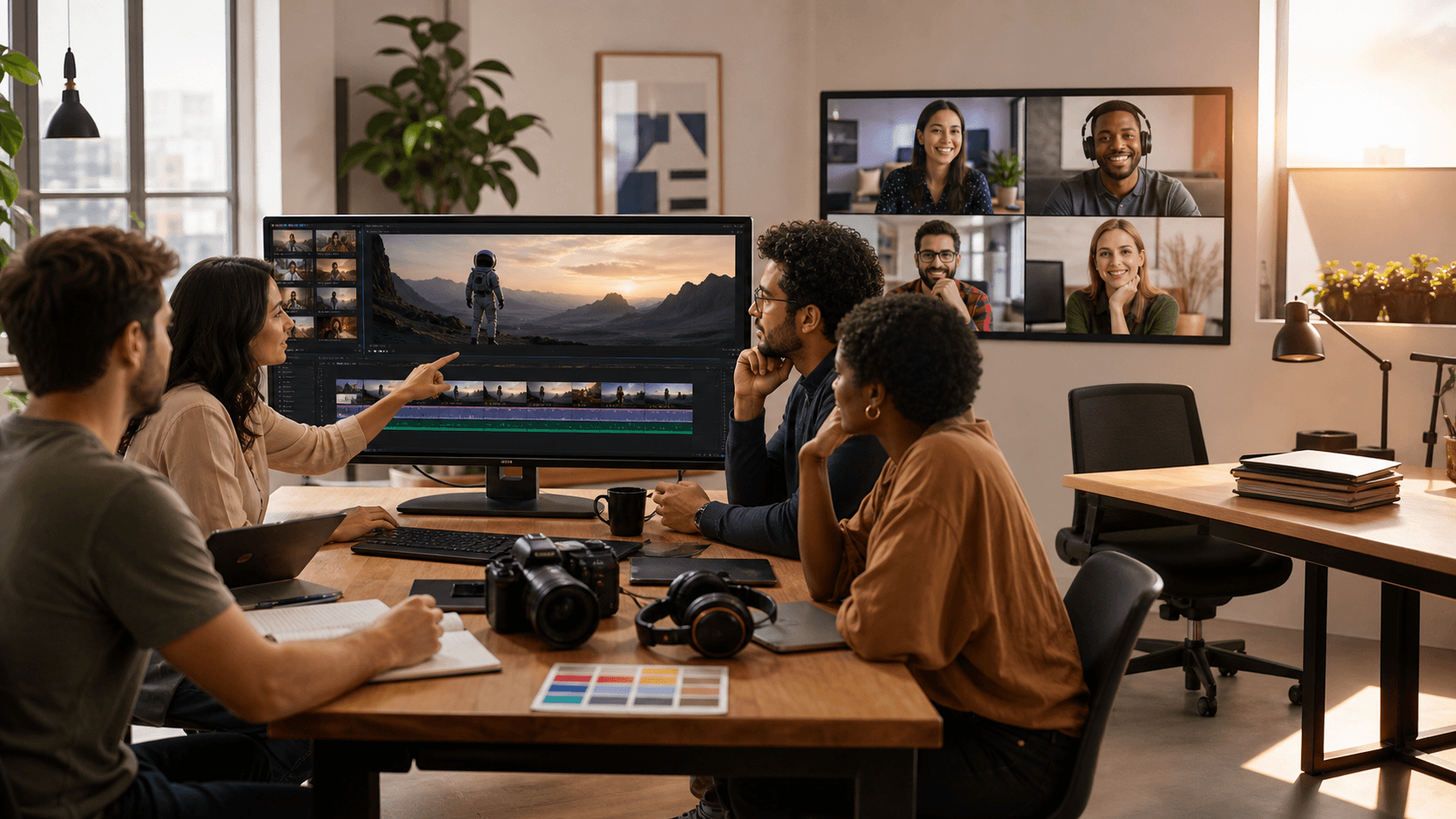 Split-screen workspace shows a solo editor and a collaborative video team amid blue and orange lighting.